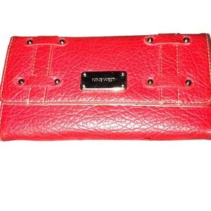 NINE WEST RED EMBELLISHED TRI FOLD LEATHER WALLET